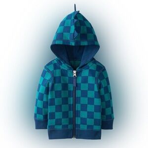 Hanna Andersson Baby French Terry Dino Hoodie Blue Checkered Hooded Zip Up 6-12M